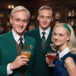 Draco Malfoy with brown eyes in his Slytherin attire, Luna Lovegood with brown eyes, and Supergirl with brown eyes and her traditional uniform, all cheerfully sharing a Negroni cocktail together.