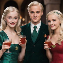 Draco Malfoy with brown eyes in his Slytherin attire, Luna Lovegood with brown eyes, and Supergirl with brown eyes and her traditional uniform, all cheerfully sharing a Negroni cocktail together.