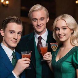 Draco Malfoy with brown eyes in his Slytherin attire, Luna Lovegood with brown eyes, and Supergirl with brown eyes and her traditional uniform, all cheerfully sharing a Negroni cocktail together.