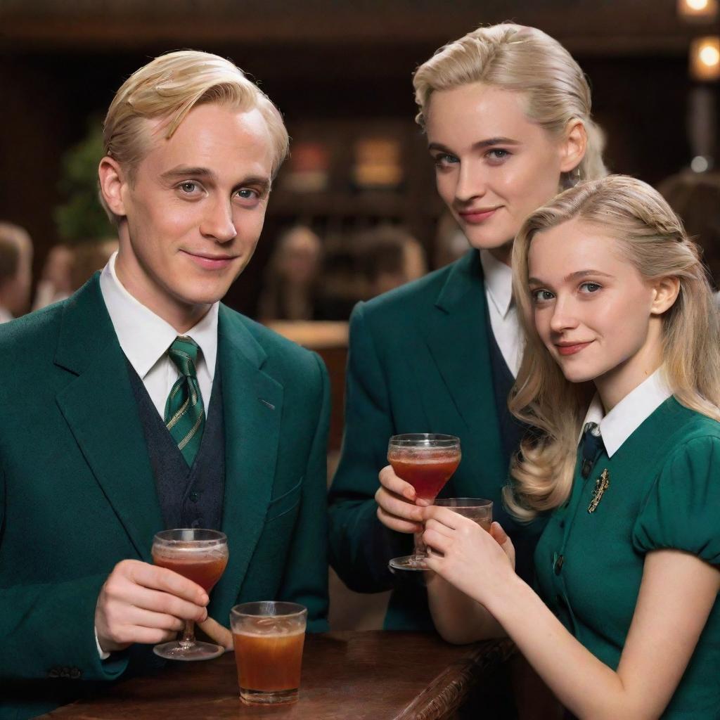 Draco Malfoy with brown eyes in his Slytherin attire, Luna Lovegood with brown eyes, and Supergirl with brown eyes and her traditional uniform, all cheerfully sharing a Negroni cocktail together.