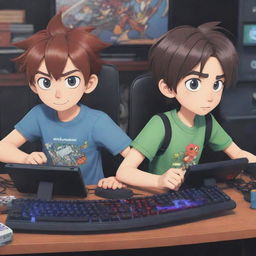 Craft an animated YouTube banner in cartoon anime style, featuring two brothers engrossed in gaming surrounded by gaming accessories. Text reading 'VorteX BlazeX' should blend harmoniously in the banner, perfectly written to accentuate the gaming atmosphere.