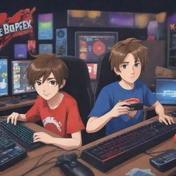 Craft an animated YouTube banner in cartoon anime style, featuring two brothers engrossed in gaming surrounded by gaming accessories. Text reading 'VorteX BlazeX' should blend harmoniously in the banner, perfectly written to accentuate the gaming atmosphere.