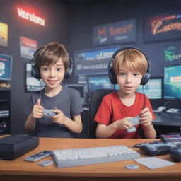 Craft an animated YouTube banner in cartoon anime style, featuring two brothers engrossed in gaming surrounded by gaming accessories. Text reading 'VorteX BlazeX' should blend harmoniously in the banner, perfectly written to accentuate the gaming atmosphere.