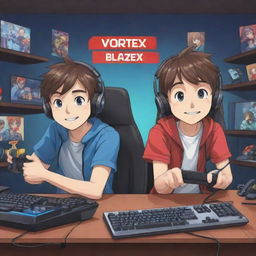 Craft an animated YouTube banner in cartoon anime style, featuring two brothers engrossed in gaming surrounded by gaming accessories. Text reading 'VorteX BlazeX' should blend harmoniously in the banner, perfectly written to accentuate the gaming atmosphere.