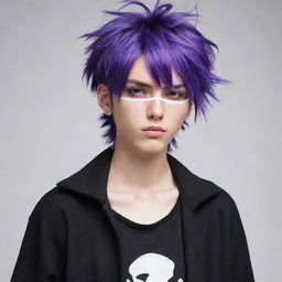 A cool anime boy with purple hair, wearing a black outfit and a white eye patch