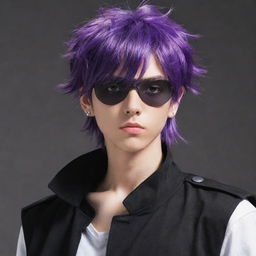 A cool anime boy with purple hair, wearing a black outfit and a white eye patch