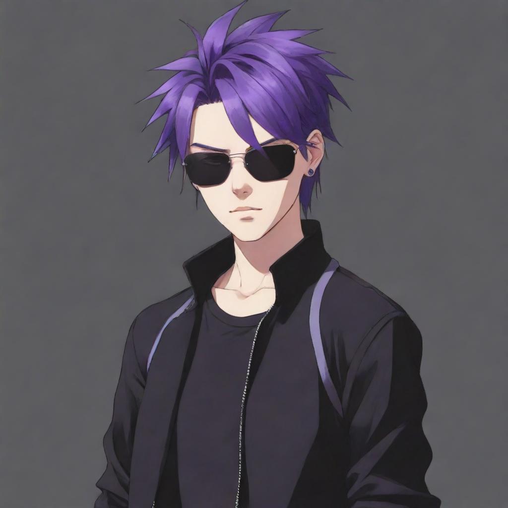 A cool anime boy with purple hair, wearing a black outfit and a white eye patch