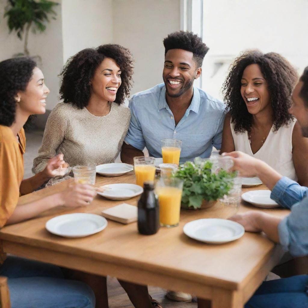 A group of friends joyfully gathered around a table, engaged in lively conversation and laughter.