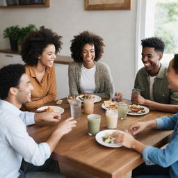 A group of friends joyfully gathered around a table, engaged in lively conversation and laughter.