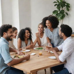 A group of friends joyfully gathered around a table, engaged in lively conversation and laughter.