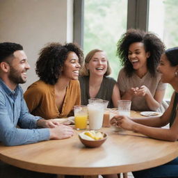 A group of friends joyfully gathered around a table, engaged in lively conversation and laughter.