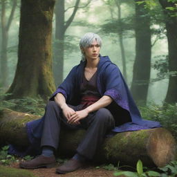 Anime style male mage resting calmly amidst the lush, enchanting forest.