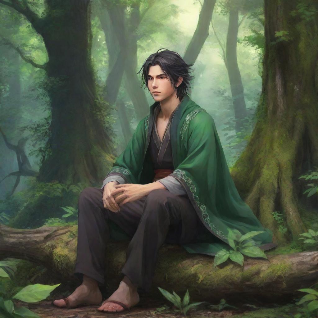 Anime style male mage resting calmly amidst the lush, enchanting forest.