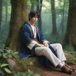 Anime style male mage resting calmly amidst the lush, enchanting forest.