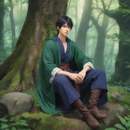 Anime style male mage resting calmly amidst the lush, enchanting forest.