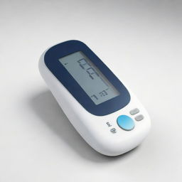 A 3D design of a modern device tool for measuring blood glucose levels. The device should appear sleek and user-friendly. The background should be white.