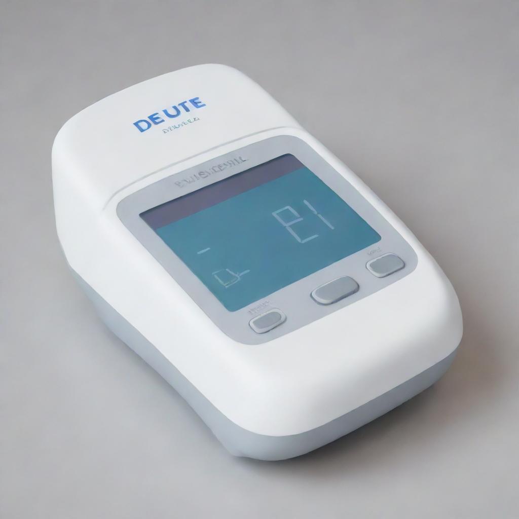 A 3D design of a modern device tool for measuring blood glucose levels. The device should appear sleek and user-friendly. The background should be white.