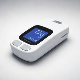 A 3D design of a modern device tool for measuring blood glucose levels. The device should appear sleek and user-friendly. The background should be white.