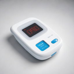 A 3D design of a modern device tool for measuring blood glucose levels. The device should appear sleek and user-friendly. The background should be white.