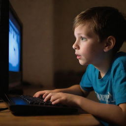 A young boy deeply engrossed in playing a computer game, illuminated by the glow of the screen in an otherwise dimly lit room.