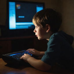 A young boy deeply engrossed in playing a computer game, illuminated by the glow of the screen in an otherwise dimly lit room.