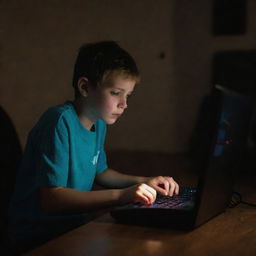 A young boy deeply engrossed in playing a computer game, illuminated by the glow of the screen in an otherwise dimly lit room.