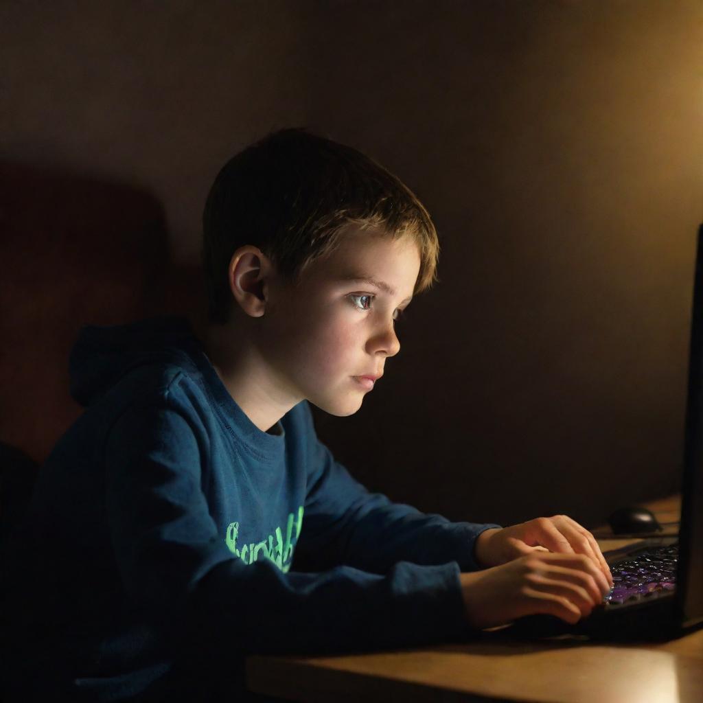 A young boy deeply engrossed in playing a computer game, illuminated by the glow of the screen in an otherwise dimly lit room.