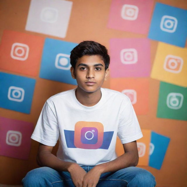 A teenage boy, cute, sitting in an abstract representation of the Instagram platform, wearing a t-shirt printed with 'Ayush'. The background illuminates with the social media handle 'ayush_t00'.