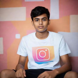 A teenage boy, cute, sitting in an abstract representation of the Instagram platform, wearing a t-shirt printed with 'Ayush'. The background illuminates with the social media handle 'ayush_t00'.