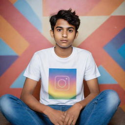 A teenage boy, cute, sitting in an abstract representation of the Instagram platform, wearing a t-shirt printed with 'Ayush'. The background illuminates with the social media handle 'ayush_t00'.