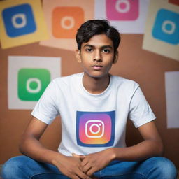 A teenage boy, cute, sitting in an abstract representation of the Instagram platform, wearing a t-shirt printed with 'Ayush'. The background illuminates with the social media handle 'ayush_t00'.