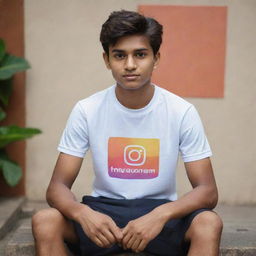 A teenage boy with a fit physique sitting on a symbolic representation of the Instagram platform. He is wearing a t-shirt, with the name 'Ayush' printed on it. The background flashes with the social media account name 'ayush_t00'.