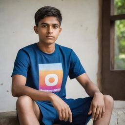 A teenage boy with a fit physique sitting on a symbolic representation of the Instagram platform. He is wearing a t-shirt, with the name 'Ayush' printed on it. The background flashes with the social media account name 'ayush_t00'.