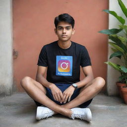 A teenage boy with a fit physique sitting on a symbolic representation of the Instagram platform. He is wearing a t-shirt, with the name 'Ayush' printed on it. The background flashes with the social media account name 'ayush_t00'.