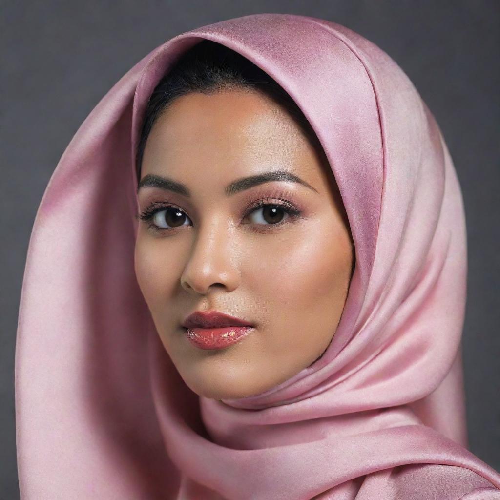 A beautiful Malay woman elegantly attired in a hijab crafted from radiant satin.