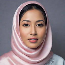 A beautiful Malay woman elegantly attired in a hijab crafted from radiant satin.