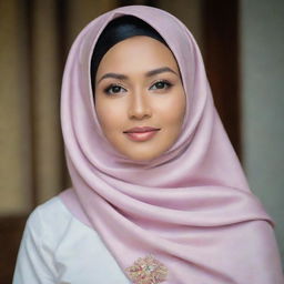 A beautiful Malay woman elegantly attired in a hijab crafted from radiant satin.