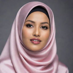 A beautiful Malay woman elegantly attired in a hijab crafted from radiant satin.