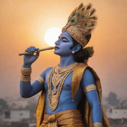 Lord Krishna stands majestically on a rooftop, his peacock feathered crown shimmering against the backdrop of a golden sunset, while he is playing his divine flute.