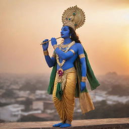 Lord Krishna stands majestically on a rooftop, his peacock feathered crown shimmering against the backdrop of a golden sunset, while he is playing his divine flute.