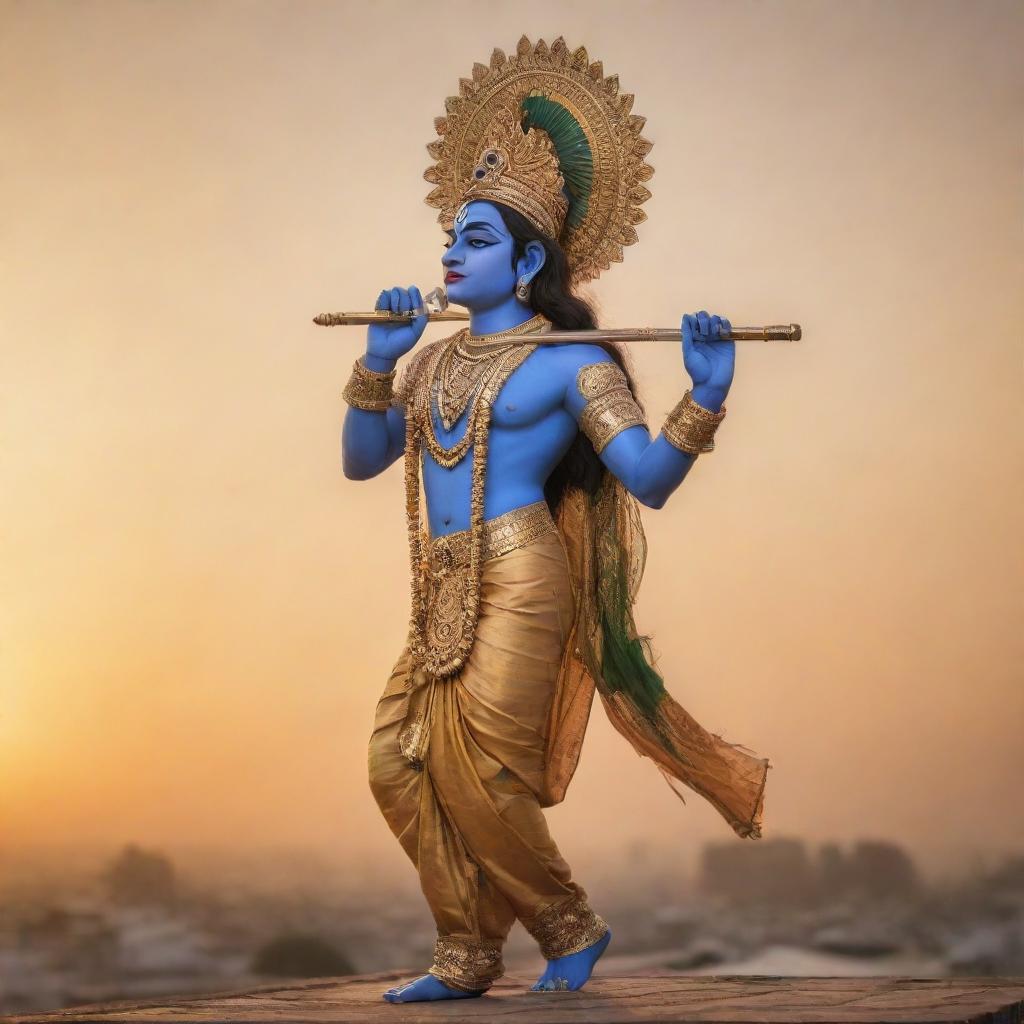 Lord Krishna stands majestically on a rooftop, his peacock feathered crown shimmering against the backdrop of a golden sunset, while he is playing his divine flute.