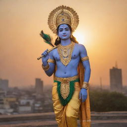 Lord Krishna stands majestically on a rooftop, his peacock feathered crown shimmering against the backdrop of a golden sunset, while he is playing his divine flute.