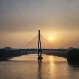 A detailed and picturesque view of the Nhat Tan Bridge in Hanoi at sunset.