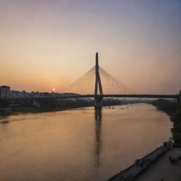 A detailed and picturesque view of the Nhat Tan Bridge in Hanoi at sunset.