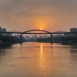 A detailed and picturesque view of the Nhat Tan Bridge in Hanoi at sunset.