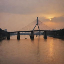 A detailed and picturesque view of the Nhat Tan Bridge in Hanoi at sunset.