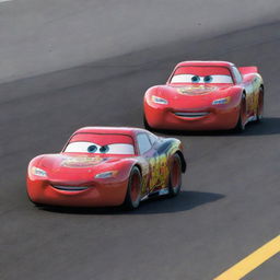 Lightning McQueen and Jackson Storm, two animated race cars from the movie 'Cars', engaged in a thrilling, high-speed race on a professional racetrack