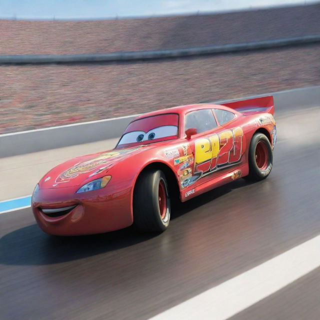 Lightning McQueen and Jackson Storm, two animated race cars from the movie 'Cars', engaged in a thrilling, high-speed race on a professional racetrack