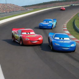 Lightning McQueen and Jackson Storm, two animated race cars from the movie 'Cars', engaged in a thrilling, high-speed race on a professional racetrack