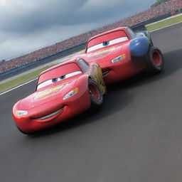 Lightning McQueen and Jackson Storm, two animated race cars from the movie 'Cars', engaged in a thrilling, high-speed race on a professional racetrack